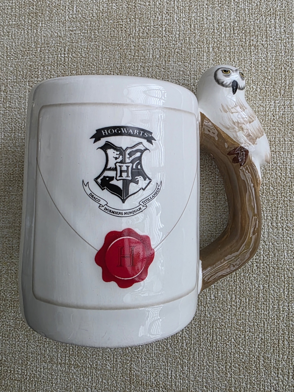 Hogwarts Owl Handle Ceramic Mug - White with Red Wax Seal